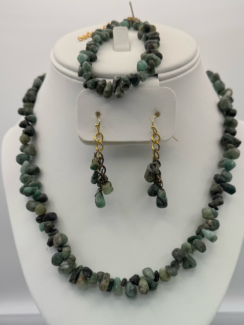 Vintage Stauer Cayman Emerald Stone Necklace, Bracelet & Dangle Earrings Set